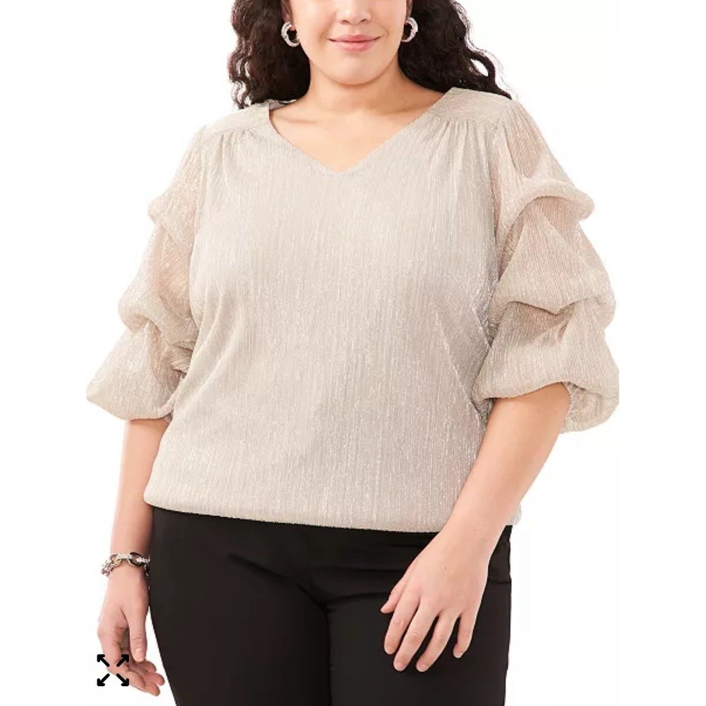 MSK Women's Silver Metallic Tiered-Sleeve V-Neck Top Plus Size 2X